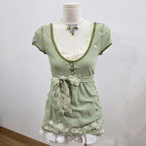 Abercrombie vintage short sleeve green white button up striped babydoll